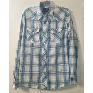 American Eagle Men's Western Pearl Snaps Shirt  Large Gray Aqua Plaid Pockets